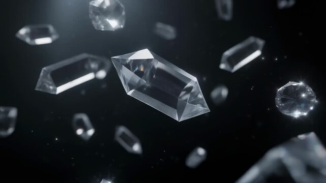 Firefly glowing with floating transparent crystals drifting in dark space with soft reflections