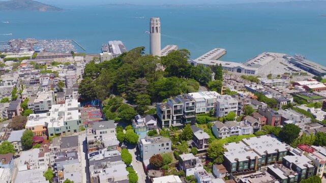 San Francisco Coit Tower Rotating Aerial Over Telegraph Hill and Bay