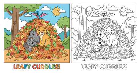 Obraz premium Cute Forest Animals Playing in Autumn Leaves Cartoon Illustration with Lion, Elephant, Rhino, Bird and Smiling Sun