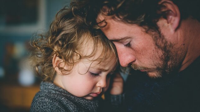 Father comforting sleepy toddler with forehead nuzzle in soft morning glow, domestic rhythm, slow rocking and quiet humming, cozy kitchen ambience, steady protective presence fostering calm