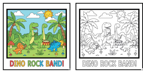 Cute Dino Rock Band Cartoon Illustration with Dinosaur Musicians, Jungle, Palm Trees, Mushrooms and Smiling Sun © MstSangita
