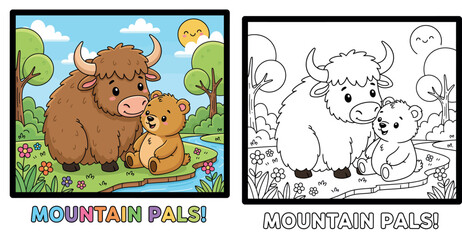 Adorable Cartoon Yak and Bear Cubs as Mountain Pals by a Stream in a Sunny Forest Meadow © MstSangita
