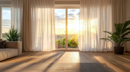 Fototapeta premium Elegant living room with panoramic views bathed in golden sunset light