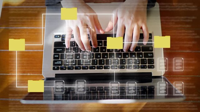 Digital document management system and data storage concept with person typing on laptop, folder icons and network connection overlay