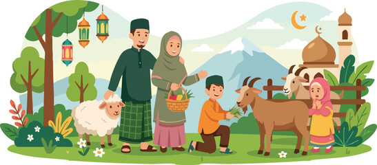 Fototapeta premium Happy Muslim Family Celebrating Eid al-Adha Illustration with Sacrificial Sheep