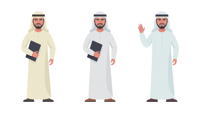 Three middle eastern men waving and holding books in traditional clothing Vector