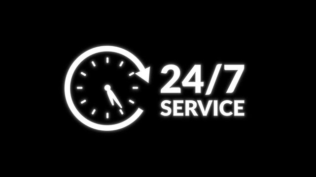 24 7 service clock animation on transparent background with alpha channel. 24 hours and 7 days service available. Continuous non stop service hours clock rotation motion graphic