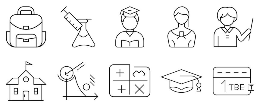 Education icons set including backpack syringe graduate student teacher school building compass math