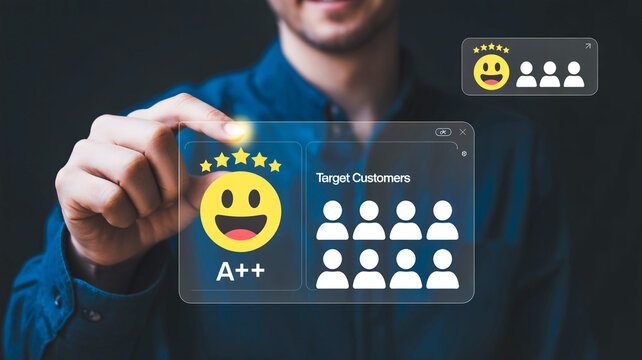 Man interacts with a glowing digital interface, visualizing A++ customer satisfaction scores and target customer demographics, symbolizing superior service and strategic business growth