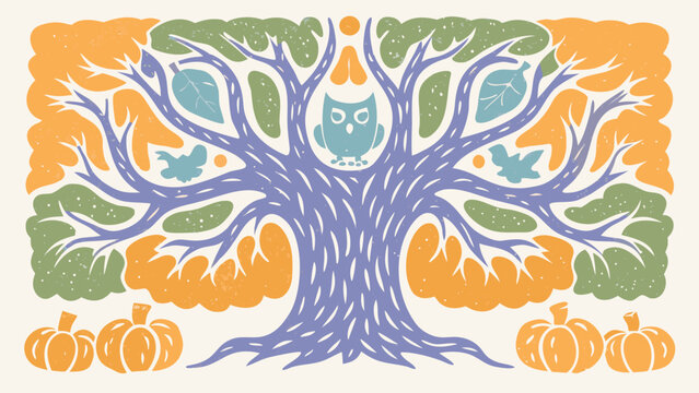Halloween tree, owl tree, autumn tree, vector illustration, orange, green, purple