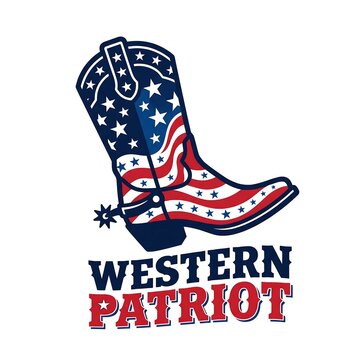American flag cowboy boot graphic with western patriot text