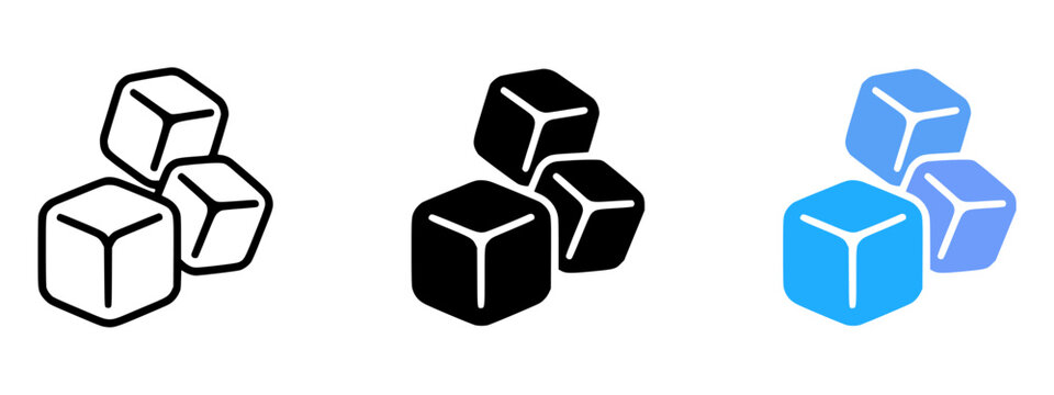 Ice cube icon set, rounded soft style outline and solid versions, minimal flat vector, black monochrome cold symbol, clean modern beverage and cooling design