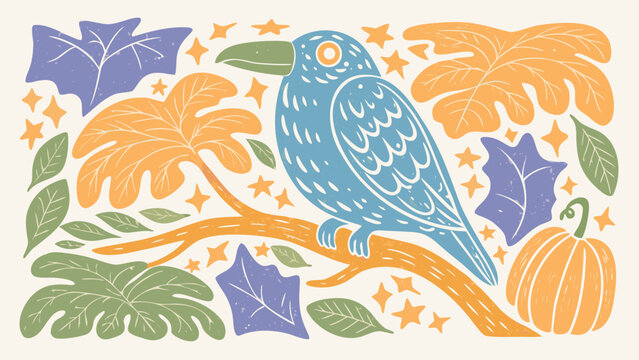 Whimsical owl, autumn leaves, pumpkin, bohemian vector illustration, colorful decorative design