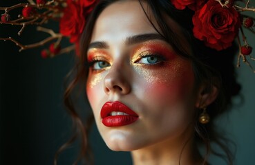 Fototapeta premium Woman with bold fantasy makeup and red rose crown poses. Dramatic studio lighting highlights gold glitter on cheeks and eyes. Striking artistic beauty portrait with red lips.