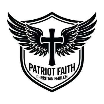 Christian cross emblem with wings and shield logo design