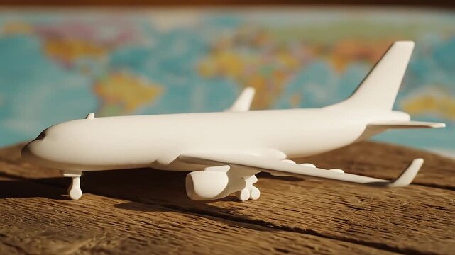 White model airplane on a wooden surface with a blurred world map in the background, representating world tourism day