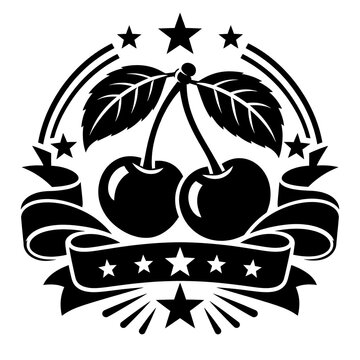 Black and white cherry fruit emblem with stars and ribbon