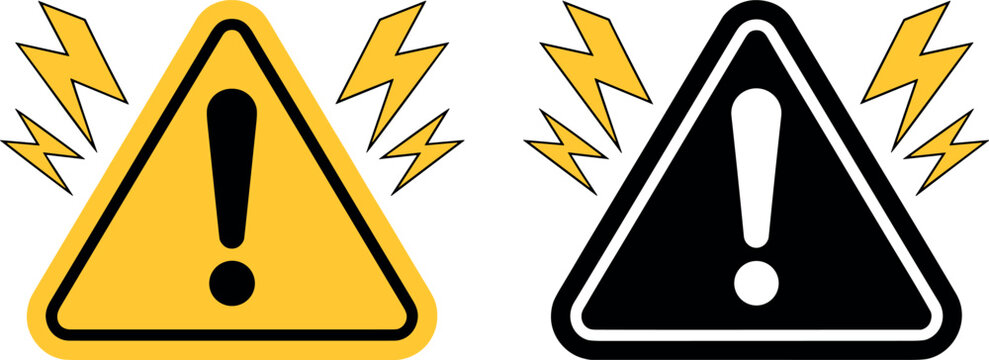 Vector triangular warning sign set with exclamation marks and yellow lightning bolts for hazard alert concept.