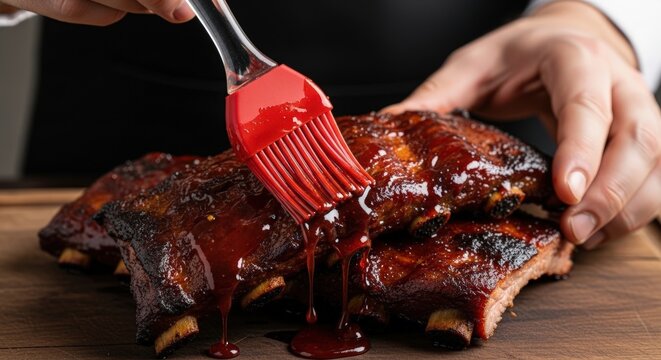 Close-up of a chef basting grilled BBQ ribs with a red silicone brush, adding a rich, glossy sauce to the smoky meat on a wooden board.