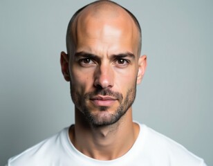 Obraz premium Bald man with beard looks directly forward. He wears white t-shirt. Studio portrait against grey background. Direct gaze, serious expression, light skin, dark eyes.