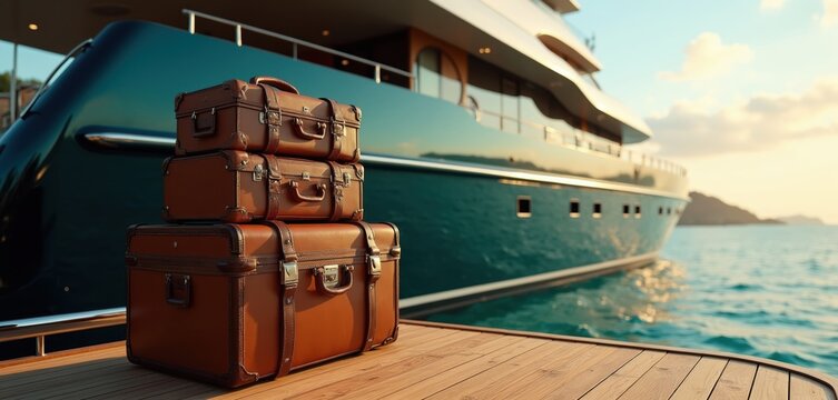 Stacked brown leather suitcases wait on a wooden pier near a large yacht in the ocean. Vacation travel and luxury transport concept. Warm sunlight on water.