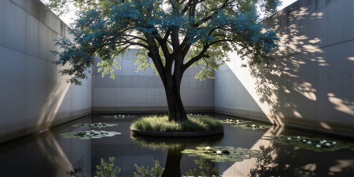 A digitally created tree stands serenely in a minimalist courtyard with vibrant blue-green foliage and reflections on still dark gray water.