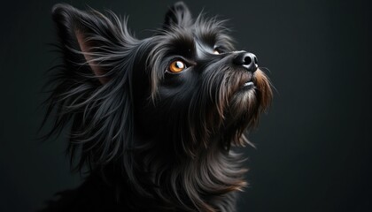 Naklejka premium Black dog with long flowing hair and amber eyes looks up with windblown fur. Loyal pet gazes thoughtfully into distance. Companion animal with intelligent expression. Elegant dog posing for portrait.
