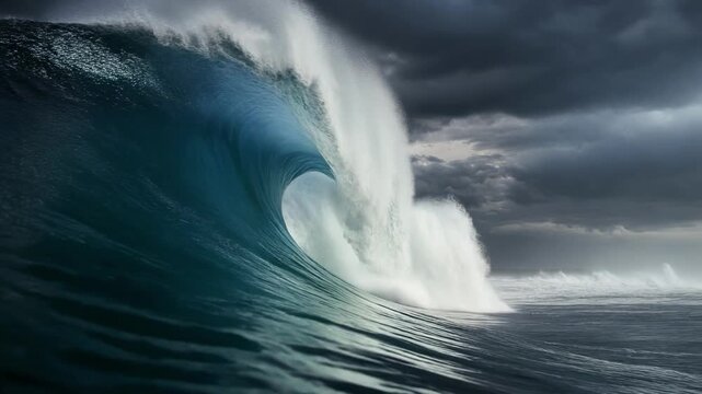 Powerful giant ocean wave curling in stormy sea under dark dramatic skies nature landscape
