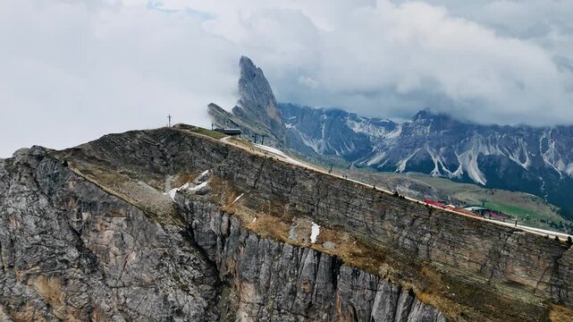 Aerial view of the rocky Seceda mountain range in Odle Geisler Group in Dolomites, South Tyrol in Northern Italy