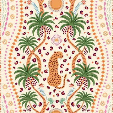 Summer tropical palm tree, leopard seamless pattern. Hand drawn animal skin spots, sun, stripes, geometric jungle print, Hawaii beach wallpaper, ornament. Vector repeat background, textile design.