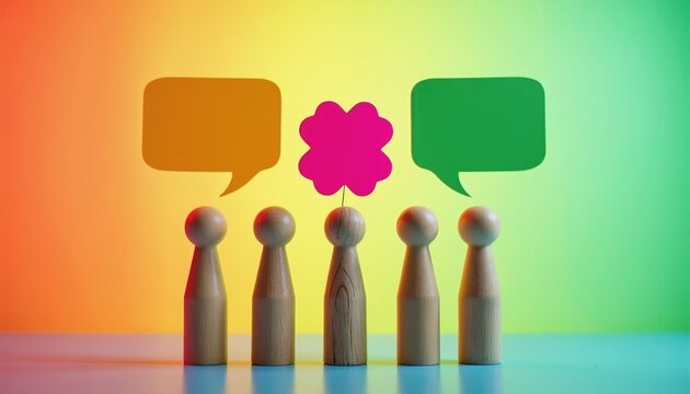 Wooden figures represent team members in discussion. Speech bubbles show dialogue and a central idea. Diverse perspectives shared for collaboration and brainstorming.