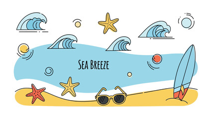 Sea Breeze Vacation Elements: A vibrant illustration depicting a coastal getaway, featuring ocean waves, starfish, sunglasses, and a surfboard on a sandy beach, perfect for summer and travel themes. © Maira