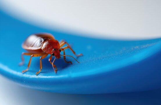 Macro shot of an orange bed bug insect on a blue surface. This tiny creature is a common household pest. Its body details are visible in sharp focus. The bug looks like it is crawling.