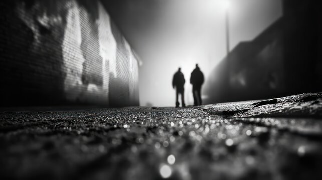Silhouetted figures walking on a dark road under a street lamp in monochrome