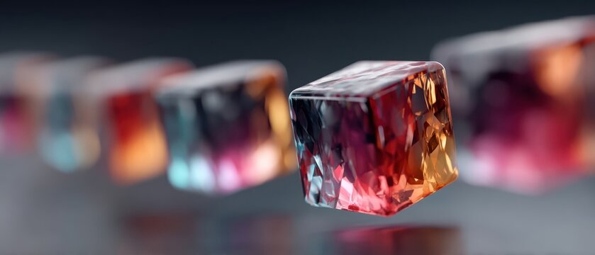 A row of colorful, faceted cubes, with one in sharp focus, floating against a blurred background