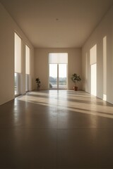 Obraz premium A minimalist interior room with high ceilings and large windows, featuring a serene atmosphere and natural light.