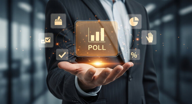 Digital online poll interface, businessman holding holographic survey icons, feedback and data analysis concept for corporate marketing