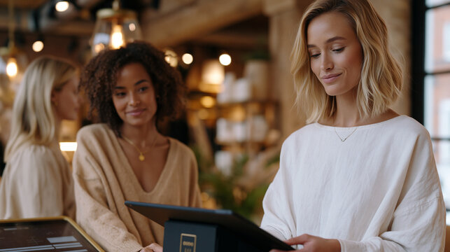 Social proof collection specialist setting up a digital kiosk inside a retail environment for post-purchase video testimonials, positioning a tablet on a branded stand near the checkout area as a st