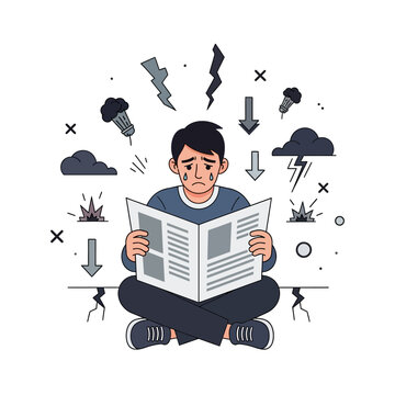 Worried man reading newspaper, stress and bad news concept illustration
