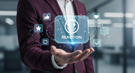 Fototapeta premium Customer reaction and feedback concept, businessman holding digital interface with smiley face icon, social media engagement and satisfaction