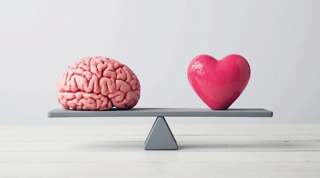 Conceptual balance between human brain and heart on a weighing scale