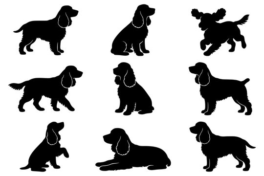 Silhouette collection of nine cocker spaniel dogs in various poses.