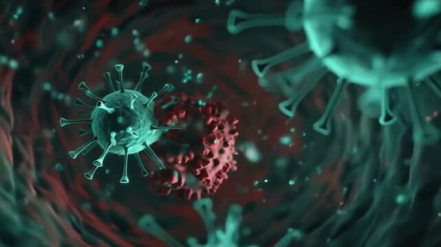 A microscopic 3D medical illustration showing coronavirus particles floating inside a bloodstream or cellular tunnel. The image highlights a contrast between green viral cells with prominent spike 
