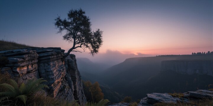 A solitary coniferous tree stands resolute on a rugged sandstone cliff edge, bathed in warm sunset hues and surrounded by misty valleys.