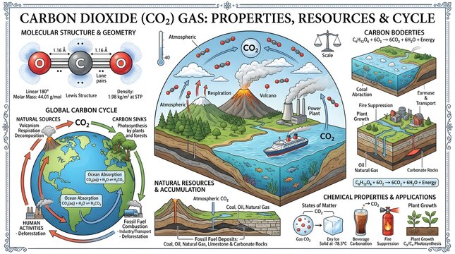 Carbon Dioxide (CO₂) Gas: Properties, Natural Resources and the Global Carbon Cycle Featuring Molecular Structure, Atmospheric and Oceanic Reservoirs, Volcanoes, Photosynthesis, Human Emissions and Ke