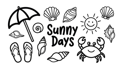 Naklejka premium Sunny Days Beach Collection: A cheerful collection of black and white hand-drawn illustrations evoking the joy of summer, featuring an umbrella, seashells, flip-flops, a smiling sun, and a crab.