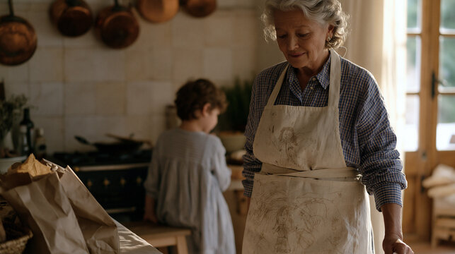 Grandmother slipping on a child's drawing-covered apron before starting after-school snack prep, a grandchild dragging a step stool to the counter, grocery bags on the table, a warm tiled kitchen wi