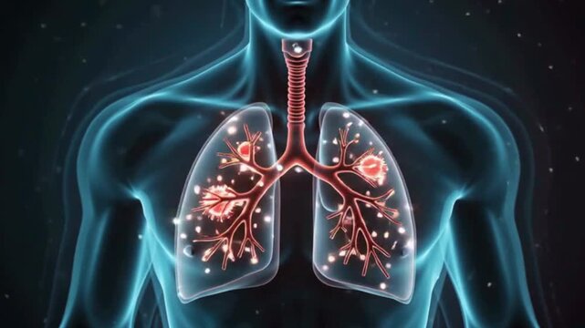 A 3D medical illustration highlighting the human respiratory system within a glowing blue silhouette of a torso. The image details the trachea and lungs, showing red inflammation, bronchial structures