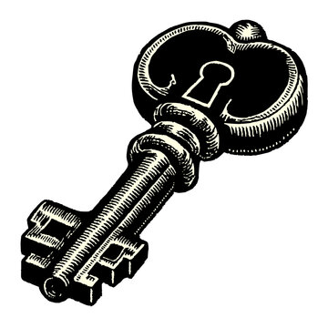An artistic ink illustration of an old ornate skeleton key featuring intricate detailing and a decorative bow design