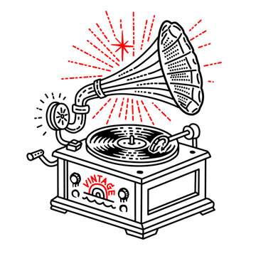 An antique phonograph record player featuring a large brass horn a spinning vinyl record and stylized red decorative light rays in a classic illustrated art style